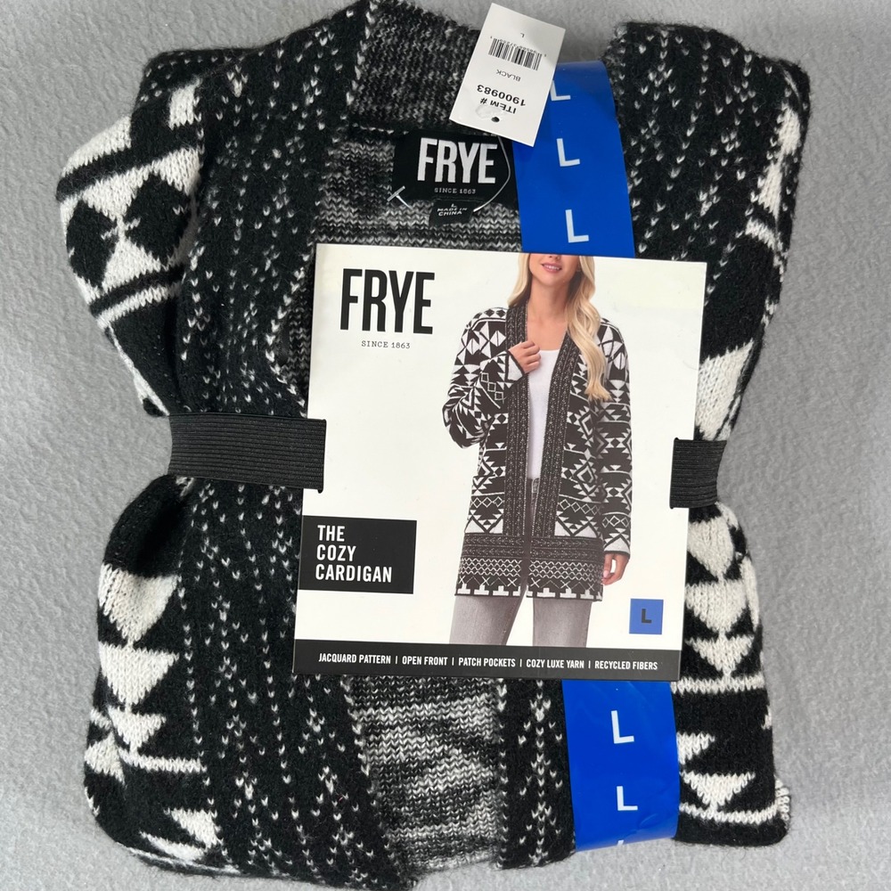 NEW FRYE Women's The Cozy Cardigan Blk/wht Geometric Jacquard Knit Open Front L - Picture 1 of 5